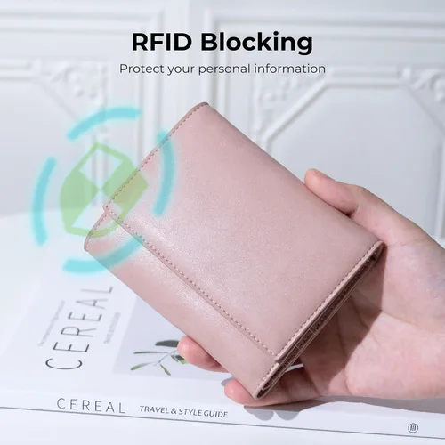 Vista 4 de Alldaily Billetera pequeña con bloqueo RFID, billetera delgada para tarjetas de crédito con bolsillo con cremallera, Rosado oscuro, Compacto