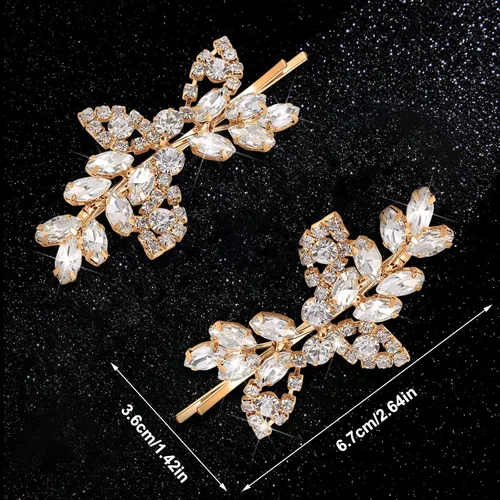 Vista 2 de Waydress 4 pinzas para el pelo con diamantes de imitación para boda, pasador de pelo de novia, diseño de hojas decorativas, accesorios de horquilla