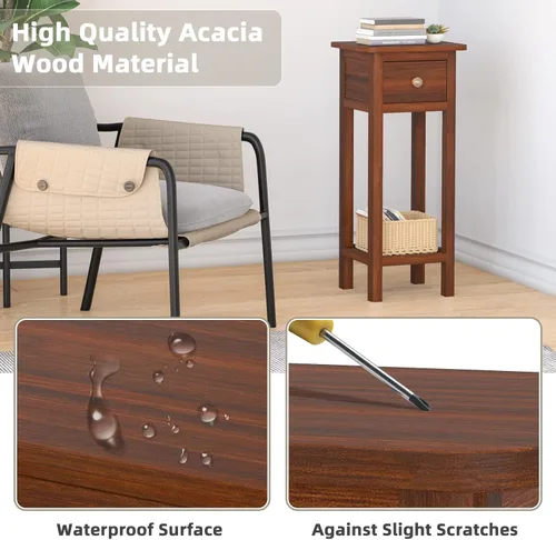 Vista 7 de GORELAX Mesa auxiliar estrecha, mesita de noche alta con cajón y estante, mesita de noche pequeña con dispositivo antivuelco, sin montaje, mesa