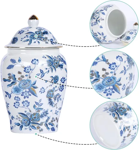 Vista 3 de Tarro de jengibre chino con tapa, estilo antiguo, decoración del hogar, retro, flores de porcelana azul y blanca, jarrón cubierto de cerámica, Tarro