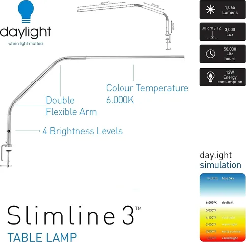 Vista 2 de Daylight Company, LLC U35108 Lámpara de mesa Slimline 3 - LED - CRI de 80 - Cuidado de los ojos - 4 niveles de brillo, 3,000 LUX a 30 cm, 1,065