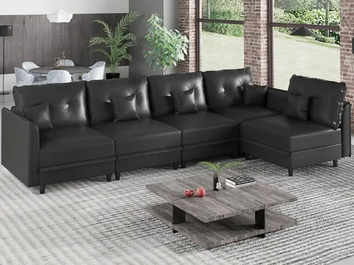 Vista 11 de LLappuil Sofá cama modular en forma de U de 6 plazas con almacenamiento, asiento profundo de piel sintética para sala de estar, impermeable y Negro