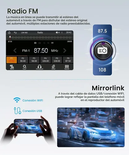 Vista 5 de Estéreo de coche doble DIN con CarPlay Android Auto, radio de pantalla táctil de 7 pulgadas, unidad principal universal de 2 DIN Bluetooth 5.0 FM