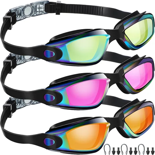 Vista 7 de Flutesan Paquete de 3 gafas de natación sin fugas, de silicona, antivaho con clip para la nariz, tapones para los oídos para adultos y niños, 3