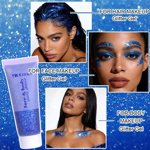 Vista 3 de Gel con purpurina para el cabello de cara y cuerpo azul para mujeres y niños, lentejuelas holográficas monocromáticas de sirena, maquillaje