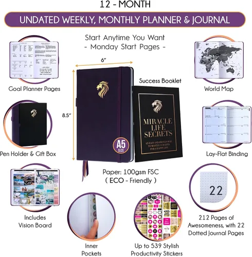 Vista 2 de Life Planner - Agenda diaria, semanal y mensual sin fecha con sección de presupuesto, un viaje de 12 meses para aumentar la productividad
