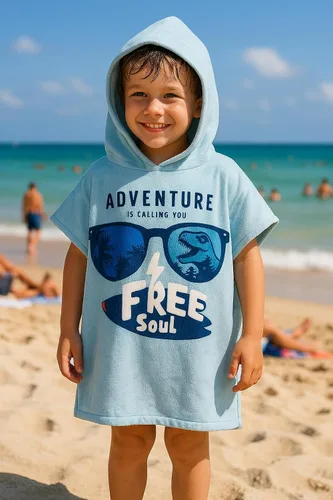 Vista 9 de Toalla de poncho de playa con capucha para niños, 100% algodón turco en el interior y microfibra de secado rápido en el exterior - Suave