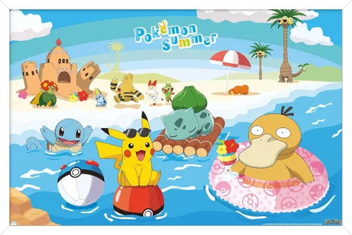 Vista 13 de Trends International Pokémon - Póster de pared de verano, 22.4 pulgadas de largo x 14.7 pulgadas, versión enmarcada en madera de granero