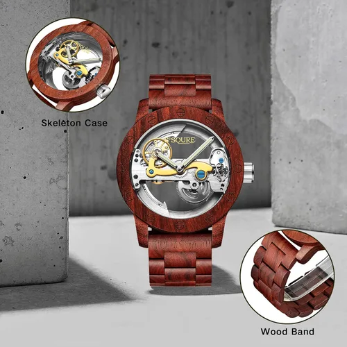 Vista 4 de S2SQURE - Reloj de pulsera para hombre mecánico automático automático de lujo esqueleto steampunk para hombre ligero con banda de madera marrón