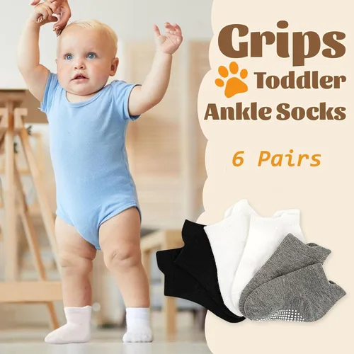 Vista 3 de XuoAz Calcetines de bebé con agarres para niños y niñas, calcetines antideslizantes con agarres, 6 pares
