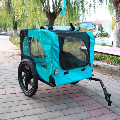 Vista 5 de HomVent Remolque de bicicleta para perros, vagón plegable para mascotas con ruedas de 16 pulgadas para perros pequeños y grandes Azul claro