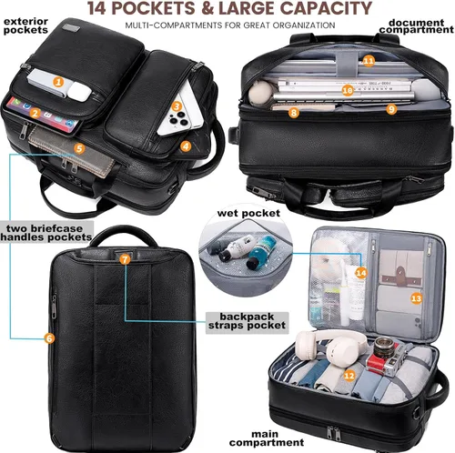 Vista 3 de weiatas Bolsa convertible 3 en 1 de cuero vegano para laptop para hombres y mujeres, mochila de viaje expandible para trabajo Convertible