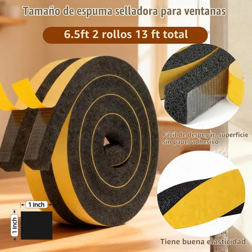 Vista 2 de Espuma de aire acondicionado, 2 rollos, 1 pulgada de ancho x 1 pulgada de grosor, total de 13 pies de largo, tiras de espuma con adhesivo para Negro