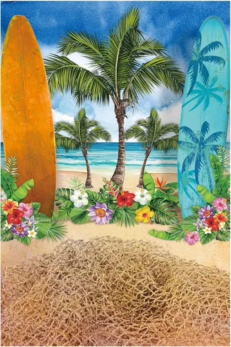 Vista 7 de Allenjoy Fondos de fondo de verano y playa para fotografía, cielo azul, playa, tabla de surf, palmeras tropicales, para niños y niñas, cartel