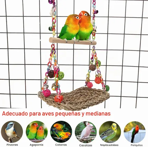 Vista 3 de FrgKbTm Juguetes de columpio para pájaros con perca de madera, plataforma de loro tejida de hierba marina, hamaca colgante para pájaros, soporte