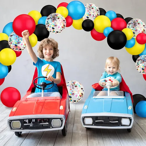 Vista 3 de Kit de guirnalda de arco de 147 piezas con temática de héroe, incluye globos azules, rojos, amarillos, negros con globos de confeti y cinta en rollo