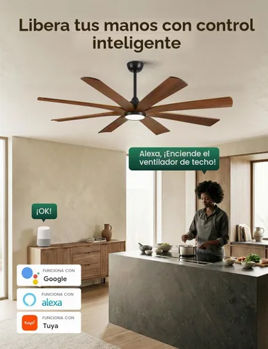 Vista 2 de Ventilador de techo inteligente de 65 pulgadas con luz, 8 cuchillas de Nogal
