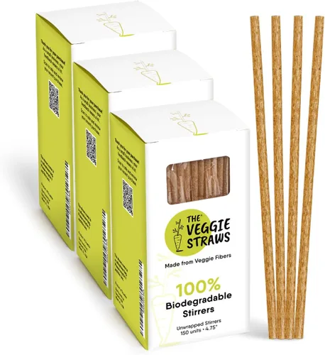 Vista 11 de The Veggie Straws 150 unidades de agitadores de bebidas biodegradables negros sin envolver de 4.75 pulgadas - Hecho de fibras vegetales, los mejores