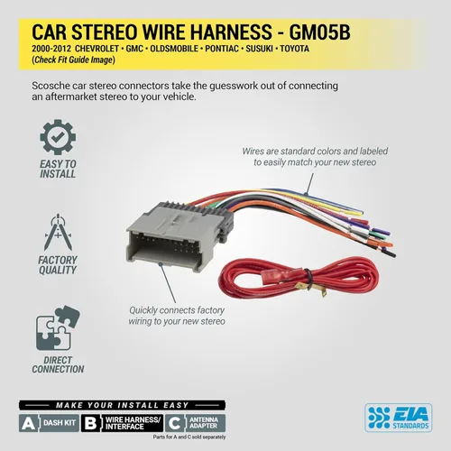 Vista 5 de Scosche GM05B Arnés de cableado de radio de coche compatible con vehículos GM, Suzuki y Toyota seleccionados 2000-2012 no amplificados - Adaptador