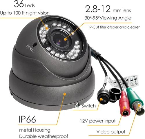 Vista 2 de Cámara CCTV analógica HD 1080P 4 en 1 (TVI/AHD/CVI/CVBS) Cámara domo de seguridad al aire libre, enfoque manual de 0.110 in-0.472 in, lente Gris