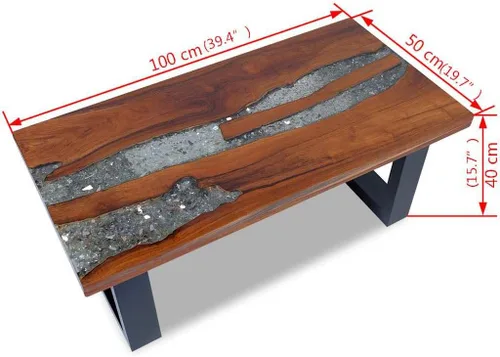 Vista 3 de vidaXL Mesa de centro de madera maciza de teca y mango hecha a mano con decoración de resina transparente, estilo industrial, multicolor, 39.4 x