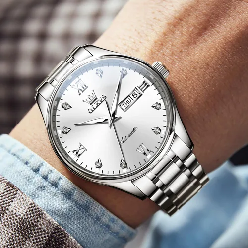 Vista 2 de OLEVS Relojes automáticos para hombre, con cuerda automática, calendario mecánico, resistente al agua, de acero inoxidable, luminoso, de lujo