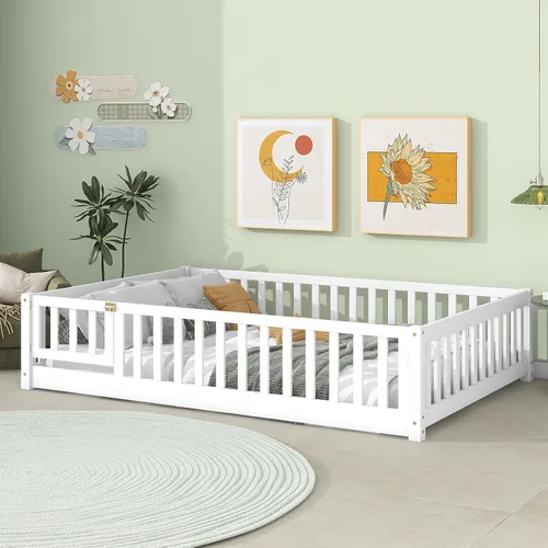 Vista 9 de Tatub Cama de suelo individual con barandillas de seguridad y puerta y listones, marco de cama Montessori de madera para niños y niñas, tamaño Gris