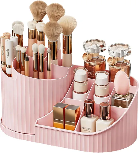 Vista 8 de Anyoifax Organizador giratorio de 360 brochas de maquillaje con 5 ranuras para brochas de maquillaje, taza en forma de flor, soporte para bolígrafo