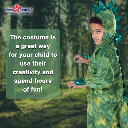 Vista 5 de Dress Up America Disfraz de T-Rex para niños, overol de dinosaurio verde con capucha y cola, tallas para niños pequeños y jóvenes para Halloween