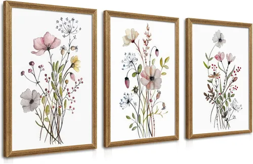 Vista 11 de WRFON Lienzo botánico y de flores, arte enmarcado de pared de paisaje de montaña, juego de 3, impresión en lienzo de prado de flores silvestres