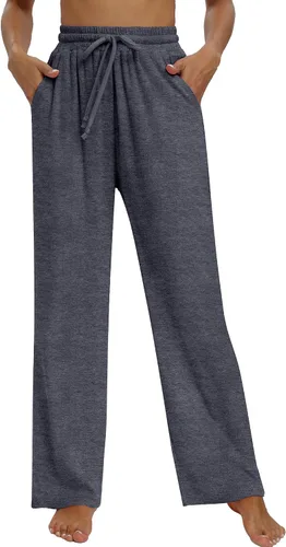 Vista 3 de Neer Paquete de 3 pantalones de yoga para mujer con bolsillos, cintura alta, cómodos, con cordón, pantalones deportivos sueltos de pierna ancha