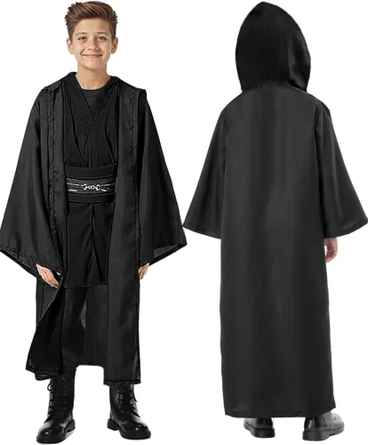 Vista 4 de Disfraz de Jedi para niños para cosplay de Anakin, túnica con capucha, versión negra, talla S Negro (juego completo)