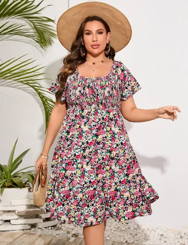 Vista 3 de KOJOOIN Vestido fruncido de talla grande para mujer, cuello redondo, manga corta, cintura alta, escalonado, casual, vestido midi de verano