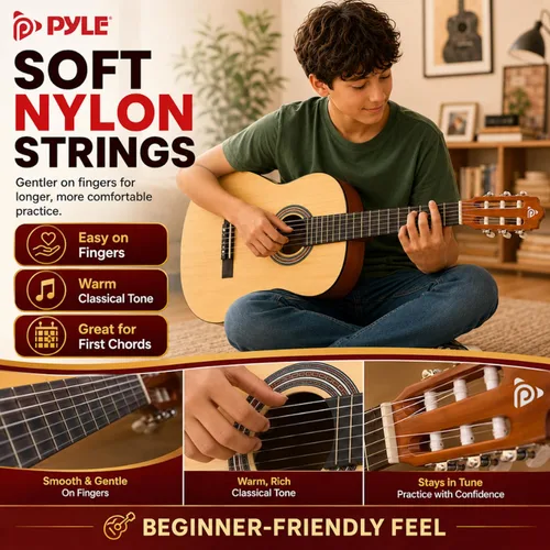 Vista 4 de Kit de guitarra acústica para principiantes Pyle, tamaño junior 3/4, instrumento completamente de madera con kit completo de accesorios, púas