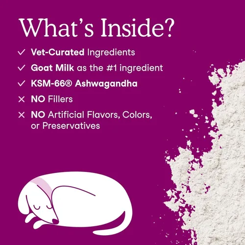 Vista 3 de Fera Pets Leche de Cabra - Suplemento Calmante para Perros y Gatos - Ashwagandha, L-Teanina y Flor de la Pasión - Apoya el Alivio de la Ansiedad