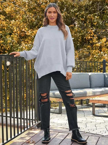 Vista 78 de Lillusory - Suéter extragrande con mangas de murciélago y cuello redondo para mujer, prenda moderna de otoño de tejido de punto sin botones