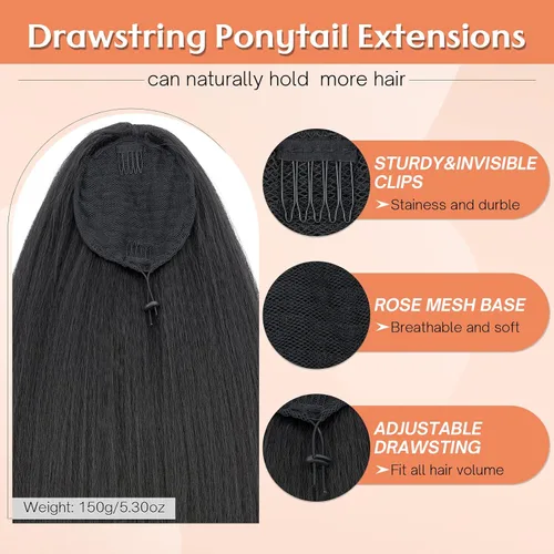 Vista 4 de Benehair Extensión de cola de caballo con cordón, 24 pulgadas de largo, pelo sintético lacio, extensiones de cabello de cola de caballo con clip