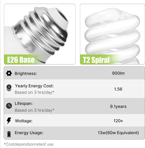 Vista 3 de CFL - Bombillas fluorescentes compactas con base E26, espiral T2 de 13 vatios (equivalente a 60 vatios), color blanco suave, 2700 K, 900 lm