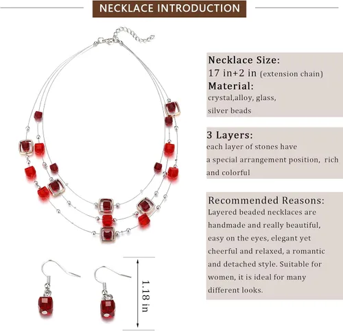 Vista 5 de Collar de cuentas de plata en capas para mujer, cuentas de cristal cuadradas, collar y aretes, disfraces de moda, conjuntos de joyas para mujer