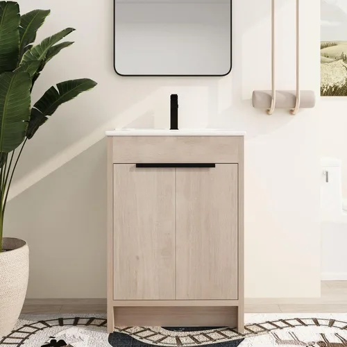 Vista 11 de Malwee Tocador de baño independiente de 24 pulgadas con lavabo, tocador de baño de pie de 24'', tocador moderno con 2 puertas y encimera de lavabo