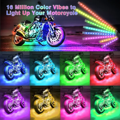 Vista 8 de 8 kits de luces LED RGB segmentadas para motocicleta con control remoto APP/RF, luces subterráneas multicolor con señal de giro de freno, tira