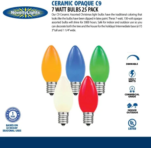 Vista 2 de Novelty Lights Paquete de 25 bombillas de repuesto de cerámica C9 para exteriores Multi