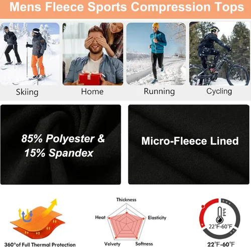 Vista 6 de Camisetas térmicas de compresión de manga larga para hombre, capa base atlética, para clima frío, correr, gimnasio, forro polar