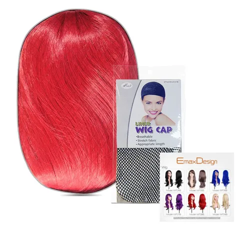 Vista 2 de Pelucas de 28 pulgadas EmaxDesign, ondulado rizado para cosplay, gorro de peluca y peine gratis (rojo)