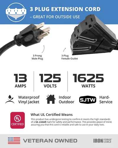 Vista 3 de Iron Forge Cable Cable de extensión negro de 6 pies con 3 tomas de corriente, SJTW de 16/3, cable de extensión de 6 pies, 3 clavijas, resistente a