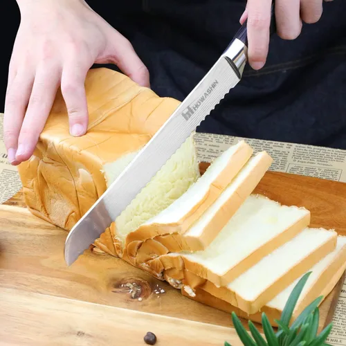 Vista 2 de Cuchillo de pan de 8 pulgadas afilado profesional cuchillo de cocina alemán de alto carbono cuchillo de cocina ergonómico color mango de madera