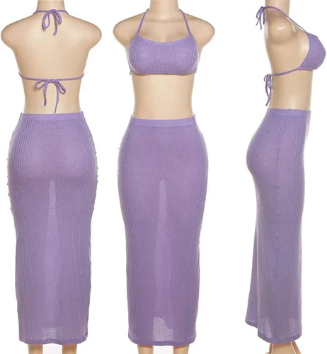 Vista 5 de Conjunto de salida de baño de punto para mujer, dos piezas, sin mangas, top halter y falda larga de cintura alta