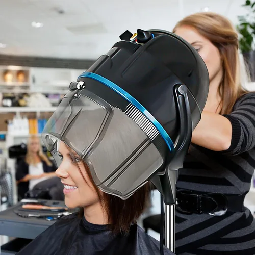 Vista 8 de Secador de pelo profesional de 1300W ajustable con capucha, de pie, base giratoria, con ruedas, para salón. Negro