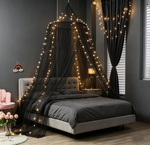 Vista 6 de Mosquitera Toldo de Cama para Niñas, Cortinas de Cama King con Dosel Tamaño Full Queen desde el Techo, Tienda de Cama de Mosquitera de Cúpula Twin