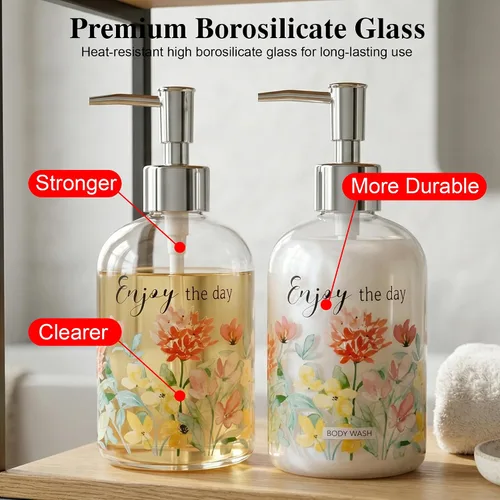 Vista 9 de Topadorn Dispensador de jabón de vidrio de 17 onzas con bomba, impresión floral de acuarela Enjoy the Day, botella líquida recargable para cocina